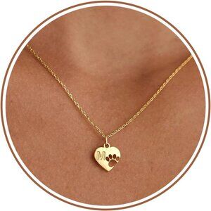 Heartfelt Dog Lover's Necklace: 14k Gold Plated with Initial & Paw Print Charm